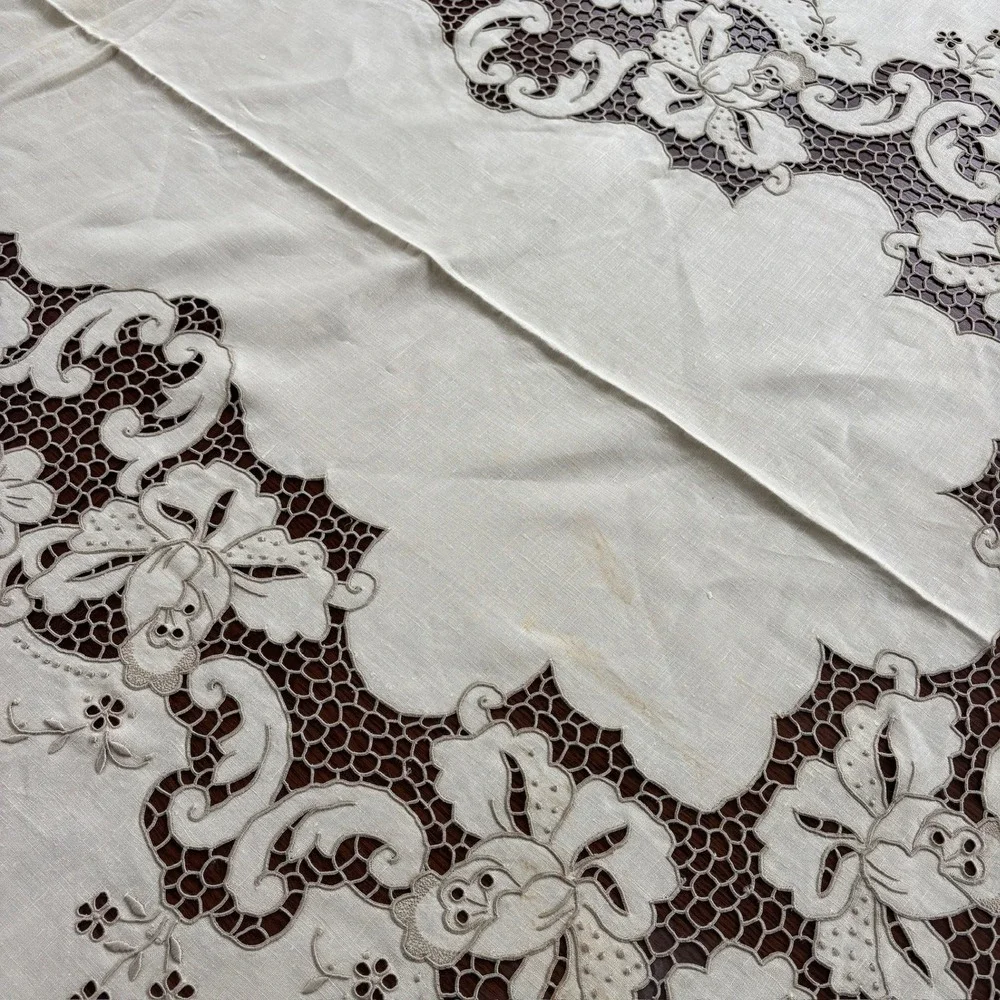 Vintage BLI Madeira Hand Embroidered Pure Linen Tablecloth Napkin Set Portugal